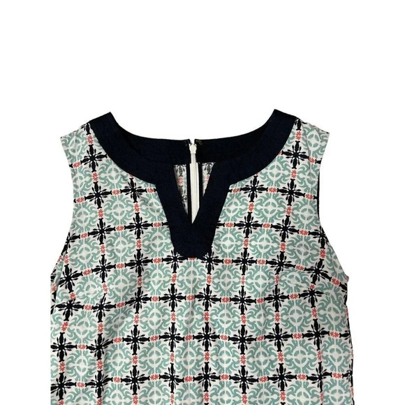 Talbots Dress Sz 4 Morrocan Tile Linen Cotton Sheath Sleeveless Navy Aqua Coral - Picture 2 of 11